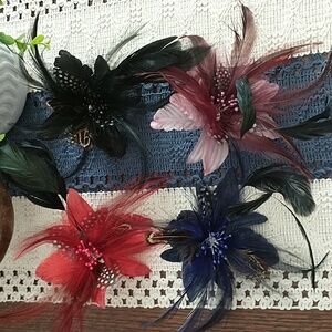 NWOT 💞 Elegant Feather Hair Clips / Lapel Pin Set. Black, Red, Blue, Pink